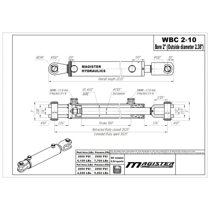 2" Bore X 10" Stroke AG Clevis Hydraulic Cylinder