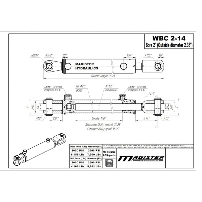 2" Bore X 14" Stroke AG Clevis Hydraulic Cylinder