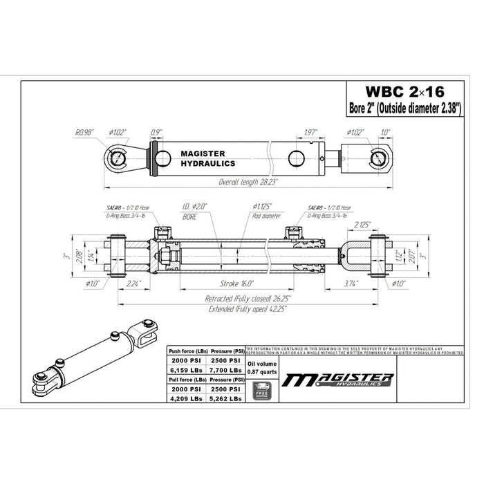 2" Bore X 16" Stroke AG Clevis Hydraulic Cylinder