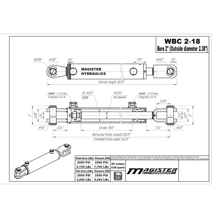 2" Bore X 18" Stroke AG Clevis Hydraulic Cylinder