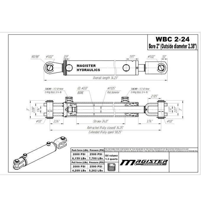 2" Bore X 24" Stroke AG Clevis Hydraulic Cylinder