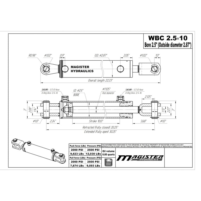 2.5" Bore X 10" Stroke AG Clevis Hydraulic Cylinder