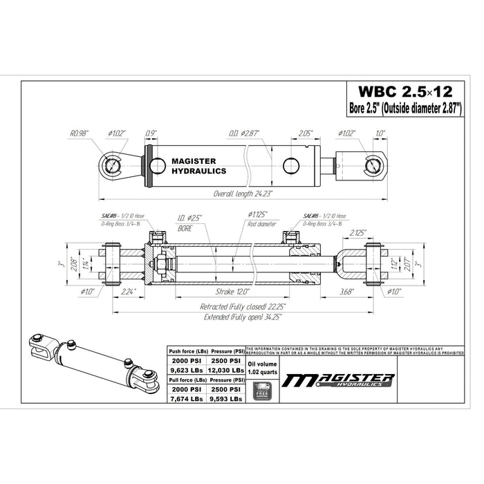 2.5" Bore X 12" Stroke AG Clevis Hydraulic Cylinder