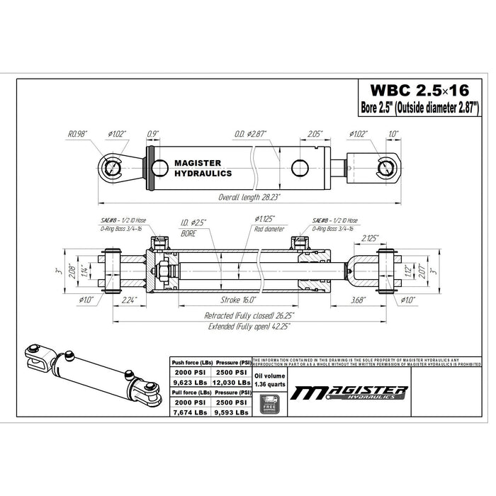 2.5" Bore X 16" Stroke AG Clevis Hydraulic Cylinder