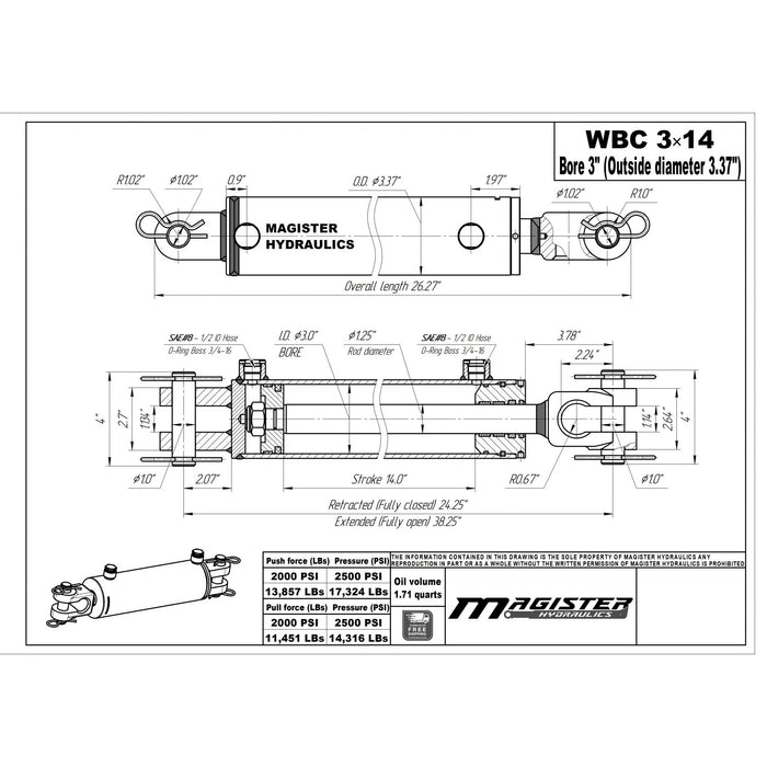 3" Bore X 14" Stroke AG Clevis Hydraulic Cylinder