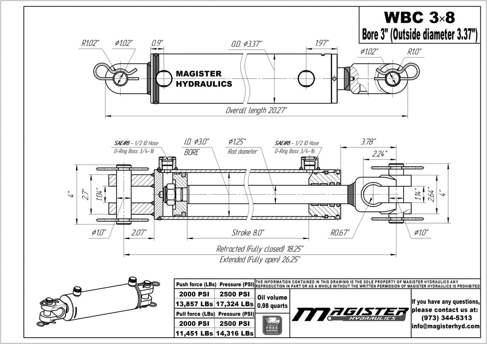 3" Bore X 8" Stroke AG Clevis Hydraulic Cylinder